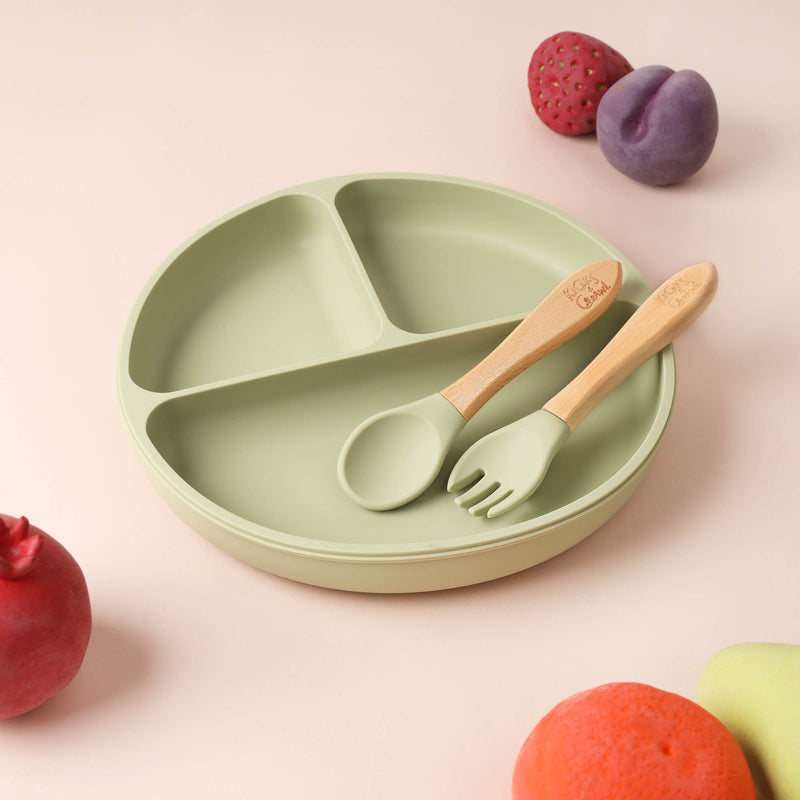 Silicone Plate & Cutlery Set - Green