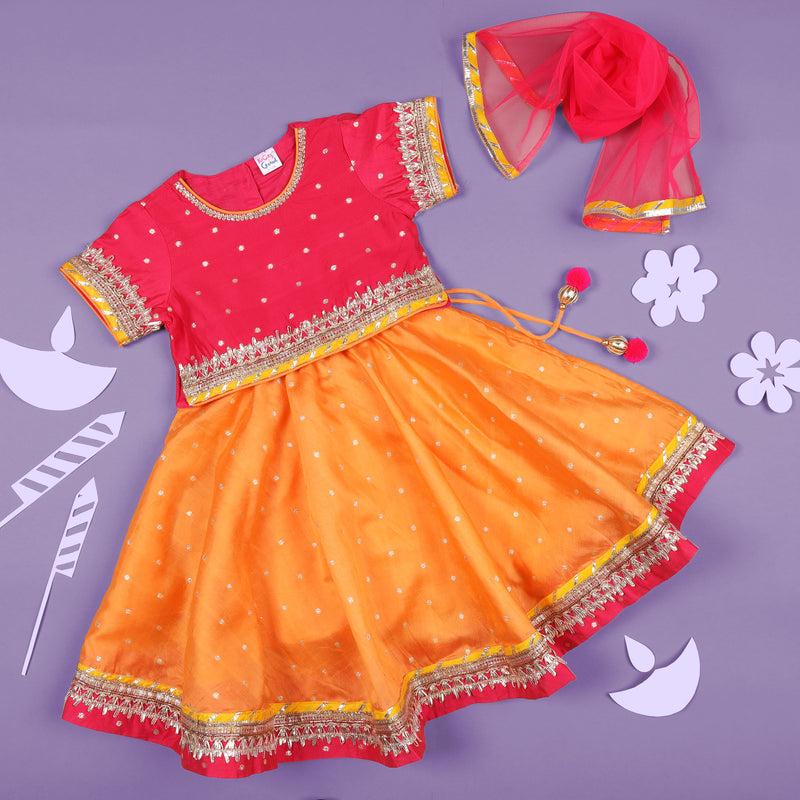Pink & Orange Lehenga, Blouse & Dupatta Set