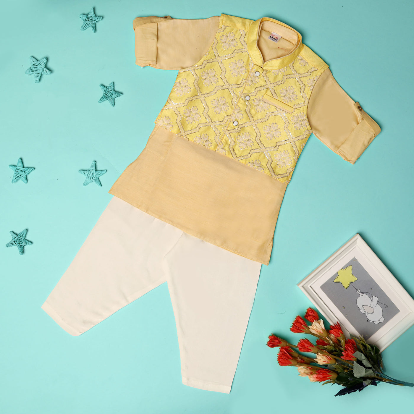 Cream & Yellow Dhoti Kurta Set